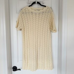 NWT Women's Short Sleeve Pointelle Mini Sweater Dress Crochet Knit Off-White